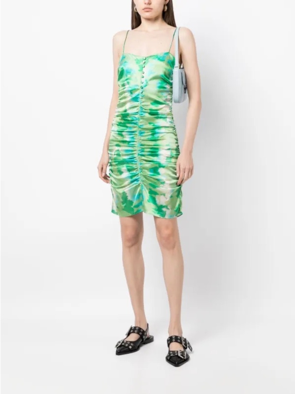 GANNI Organic Silk Ruched Green Stretch Satin Mini Dress Size 36
